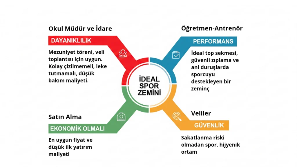 EN 14904 standardı 1 Spor salonu zemini için paydaşların (müdür, antrenör, satın alma, veli) önceliklerini gösteren infografik.